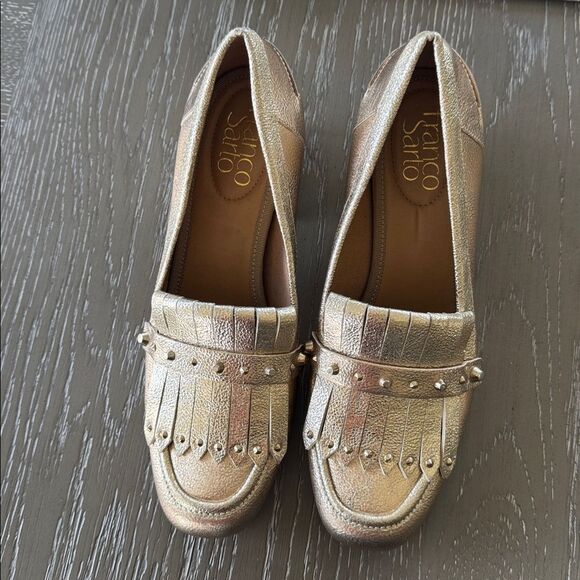 Franco Sarto Gold Block Heel Loafers Fringe Studs Embellished Shoes Size 6.5 EUC - Picture 2 of 12